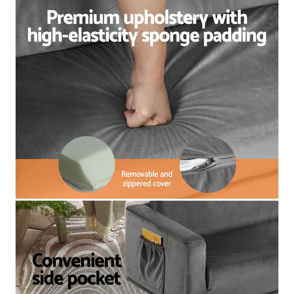 Kids Sofa 2 Seater Children Flip Open Couch Velvet Armchair Grey