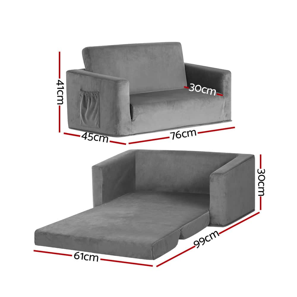 Kids Sofa 2 Seater Children Flip Open Couch Velvet Armchair Grey