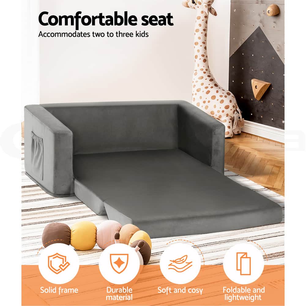 Kids Sofa 2 Seater Children Flip Open Couch Velvet Armchair Grey