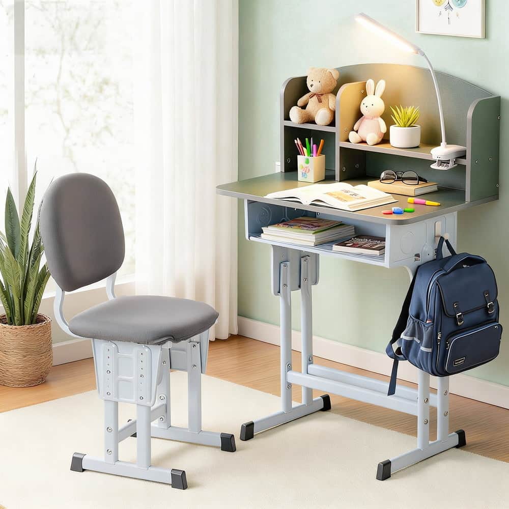 Kids Study Desk Chair Set Adjustable Ergonomic Table LED Lamp Green
