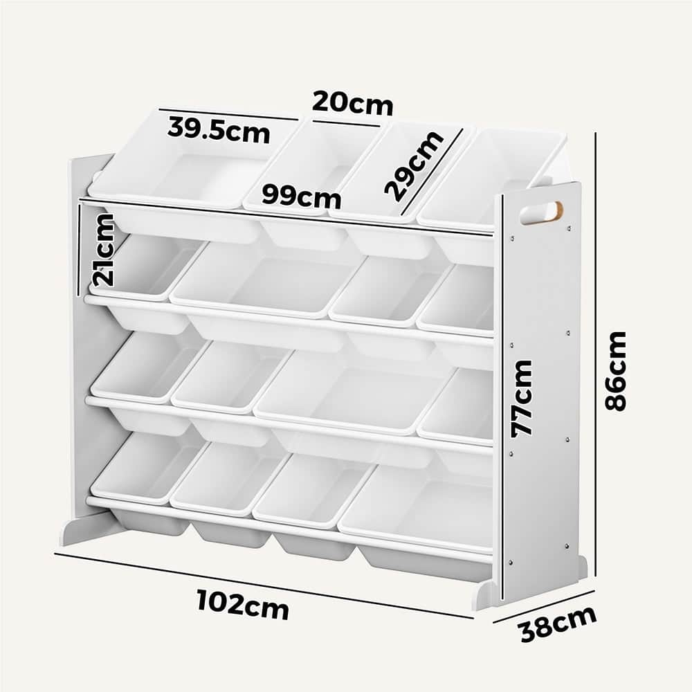 Kids Toy Storage Organiser 16 Bin Shelf with Removable Drawers Grey/White