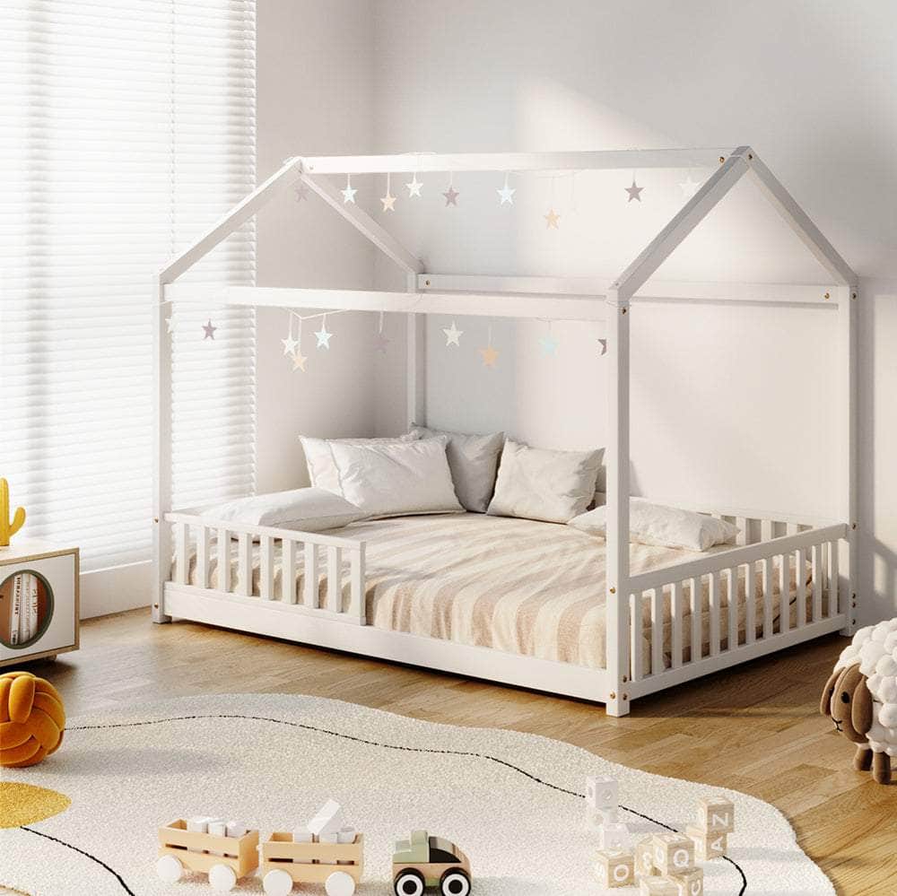 Kids Wooden Bed Frame House Beds Platform Double White Timber Pine