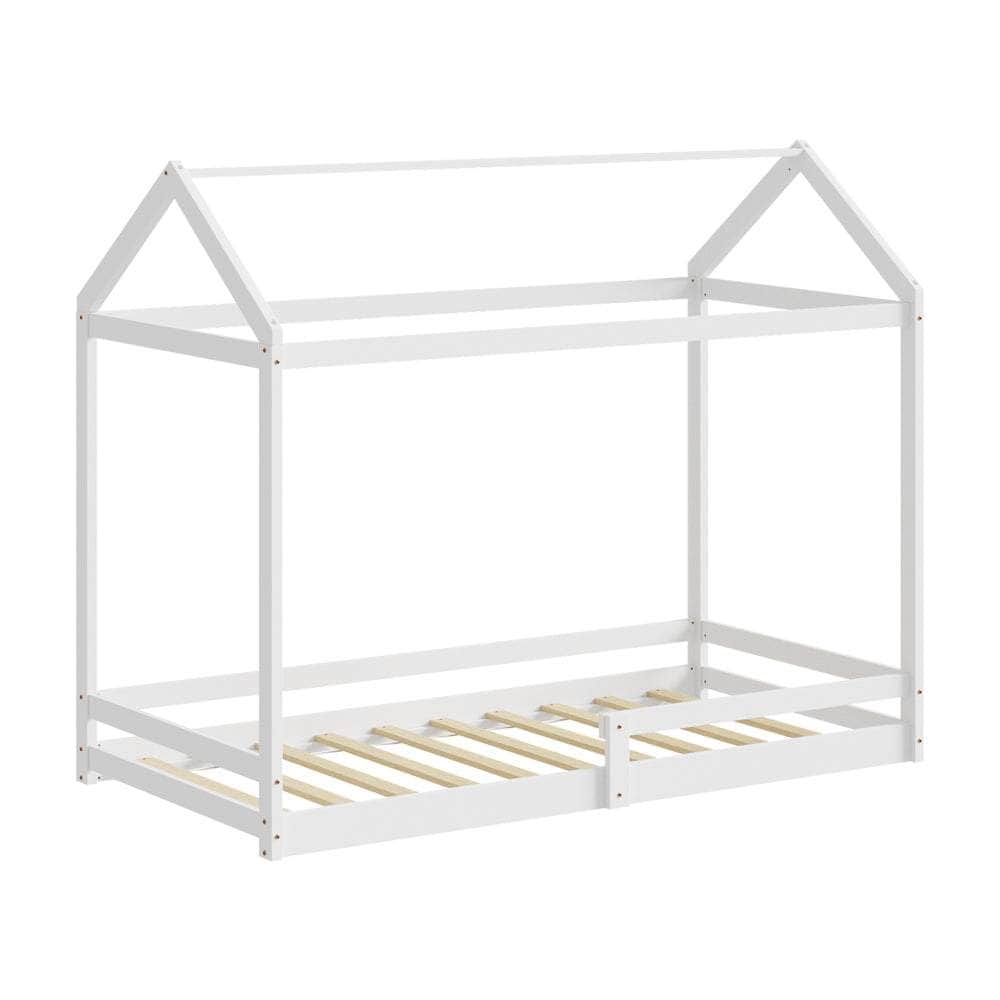 Kids Wooden Bed Frame House Frame Timber with Fence Single Natural