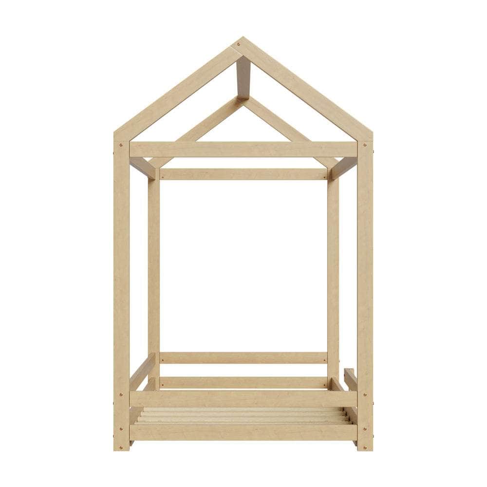 Kids Wooden Bed Frame House Frame Timber with Fence Single Natural