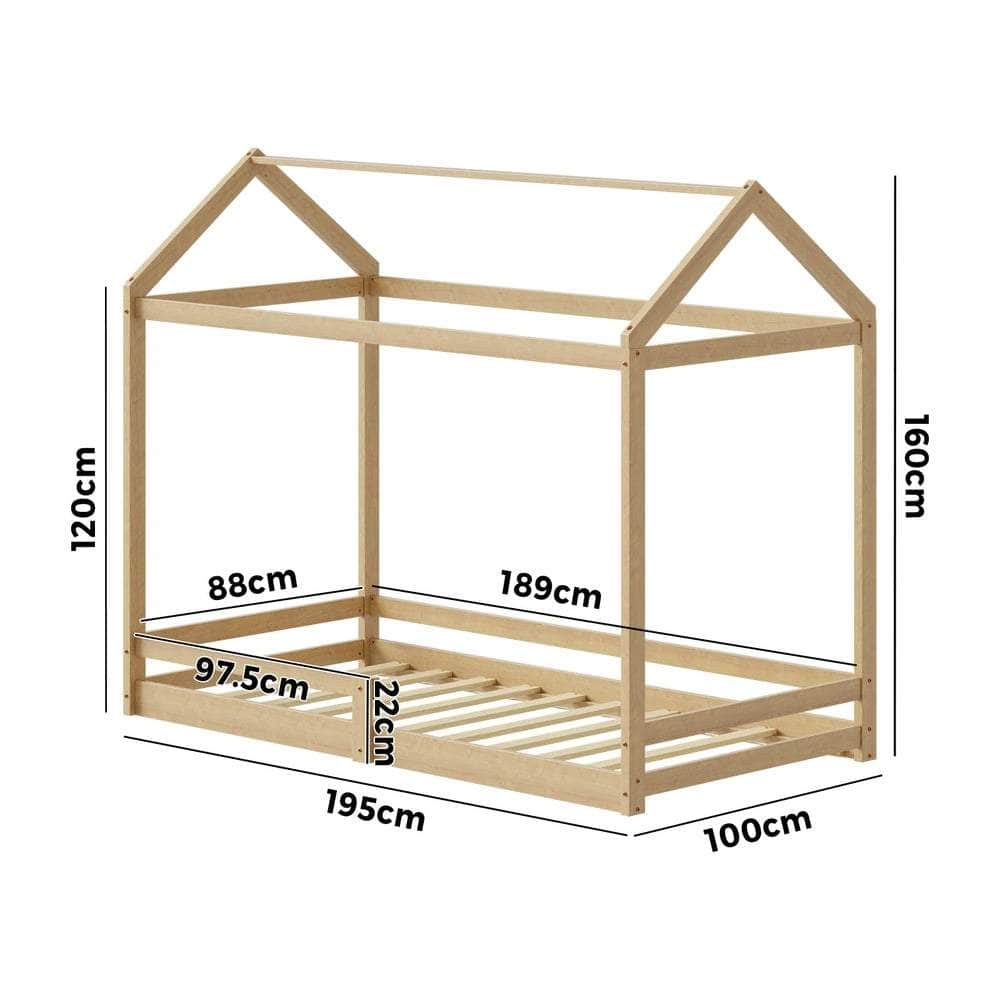 Kids Wooden Bed Frame House Frame Timber with Fence Single Natural