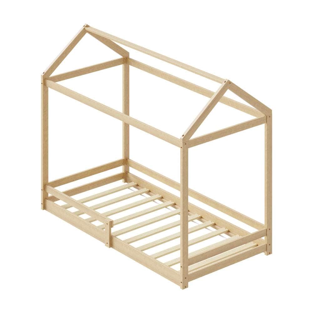 Kids Wooden Bed Frame House Frame Timber with Fence Single Natural