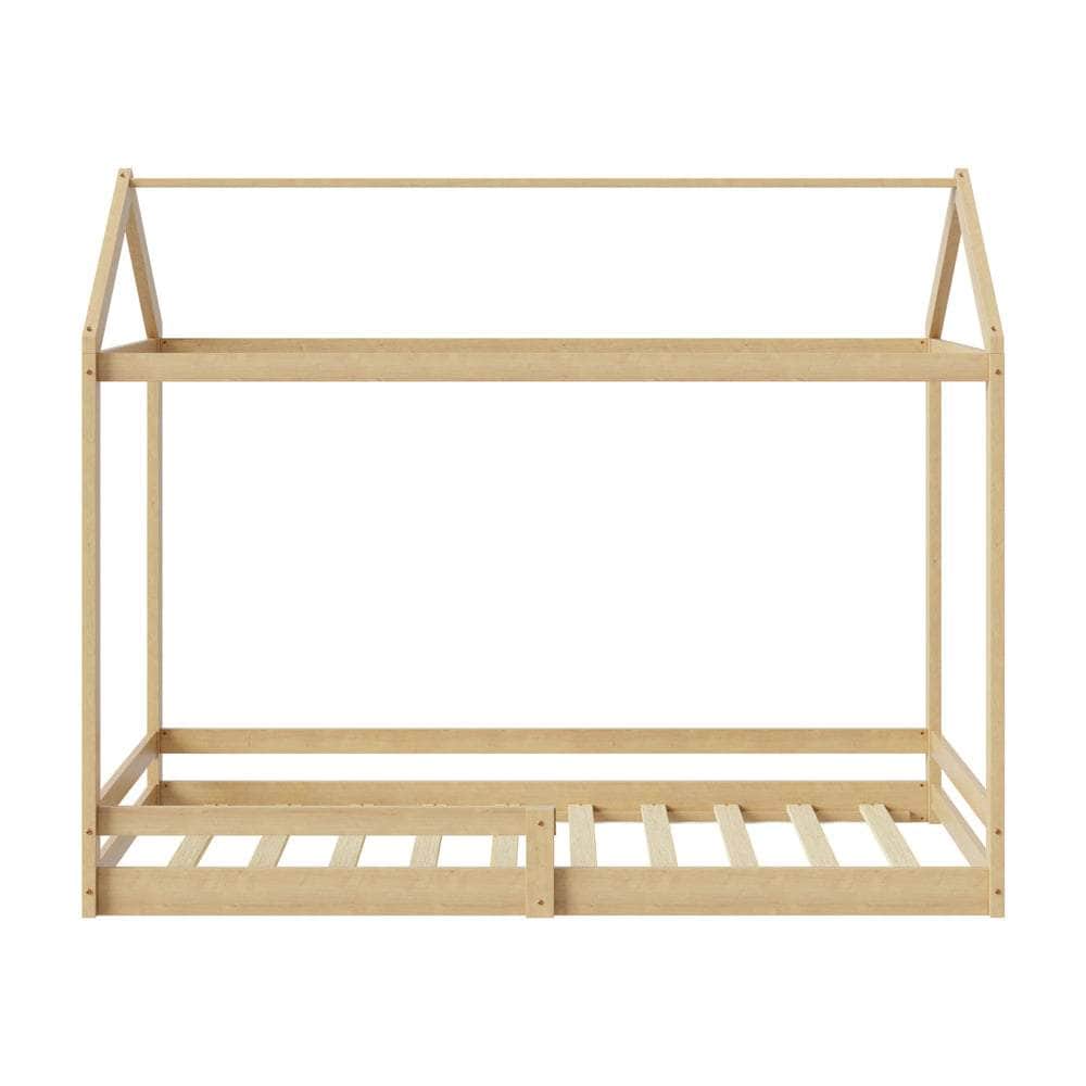Kids Wooden Bed Frame House Frame Timber with Fence Single Natural