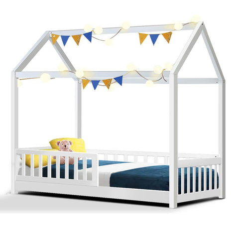 Kids Wooden House Bed Frame White Single Size Pine Wood