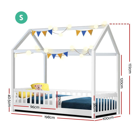 Kids Wooden House Bed Frame White Single Size Pine Wood