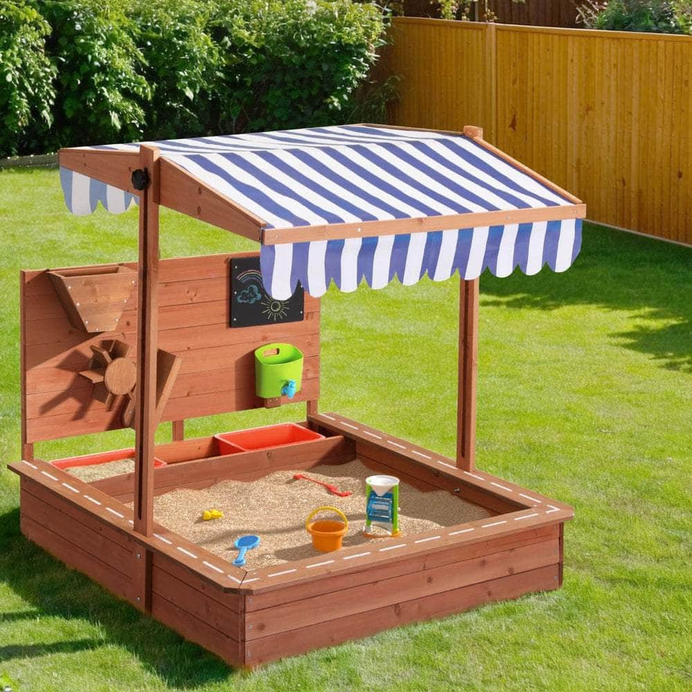 Kids Wooden Sandpit Canopy Sandbox w/ Cover 110cm