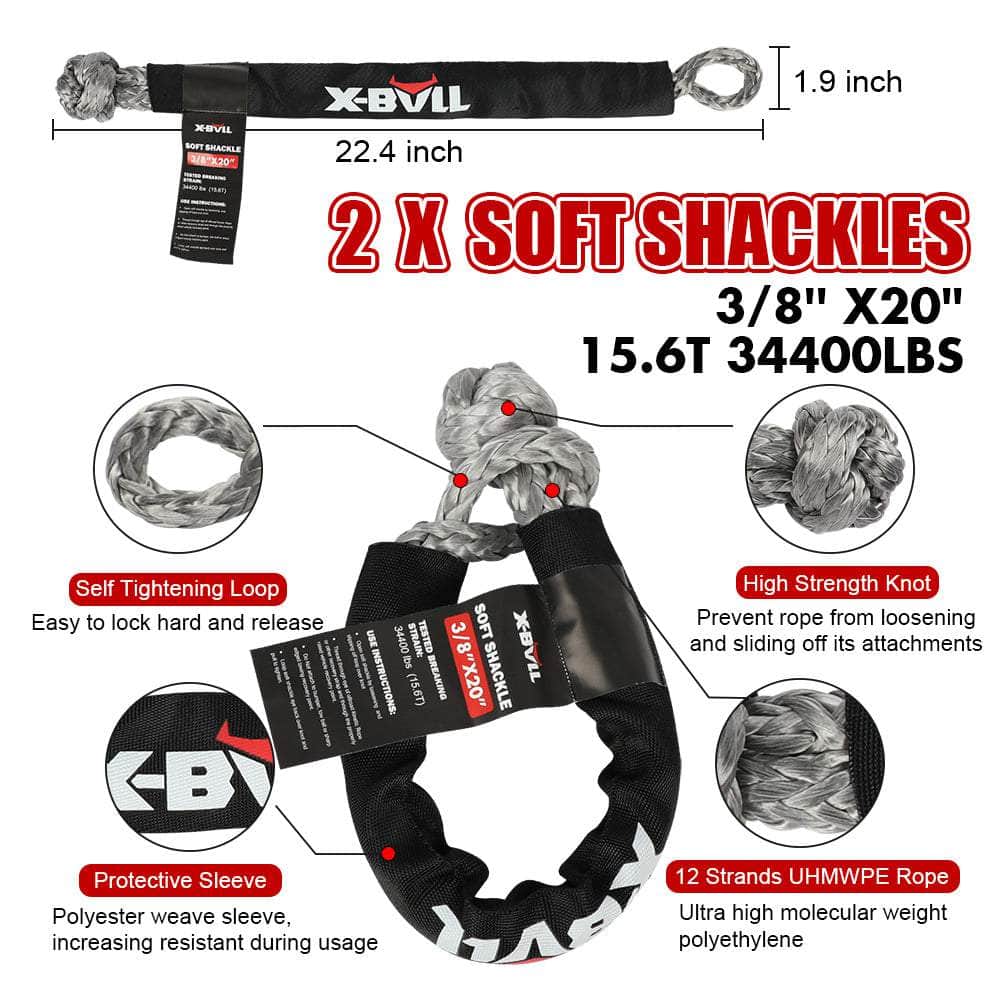 Kinetic Recovery Rope kit Snatch Strap Soft Shackles Hitch receiver 4WD