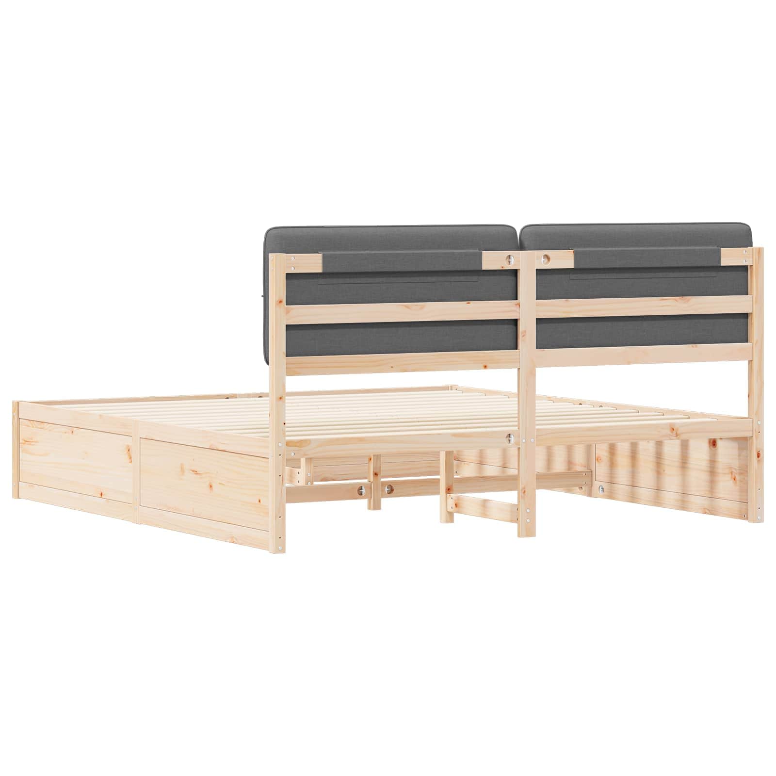 King Bed Frame Dark Grey Upholstered Headboard Solid Pine Wood Platform Bed