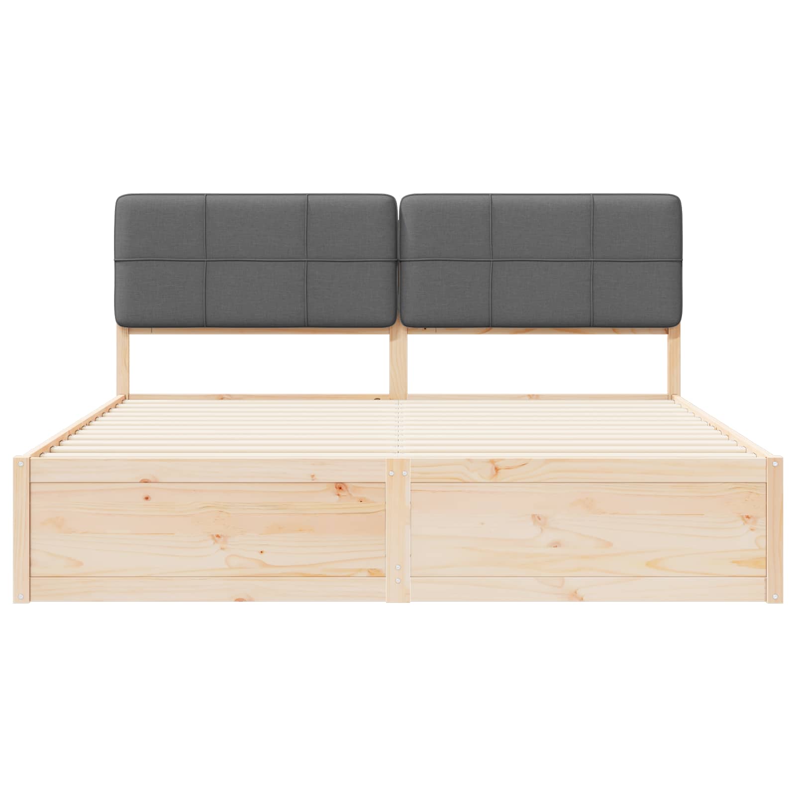 King Bed Frame Dark Grey Upholstered Headboard Solid Pine Wood Platform Bed
