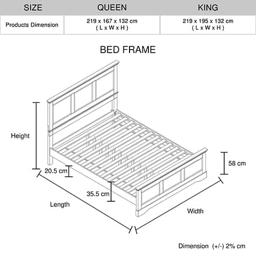 King Bed Frame In Solid Wood With Slats Support In Grey Colour