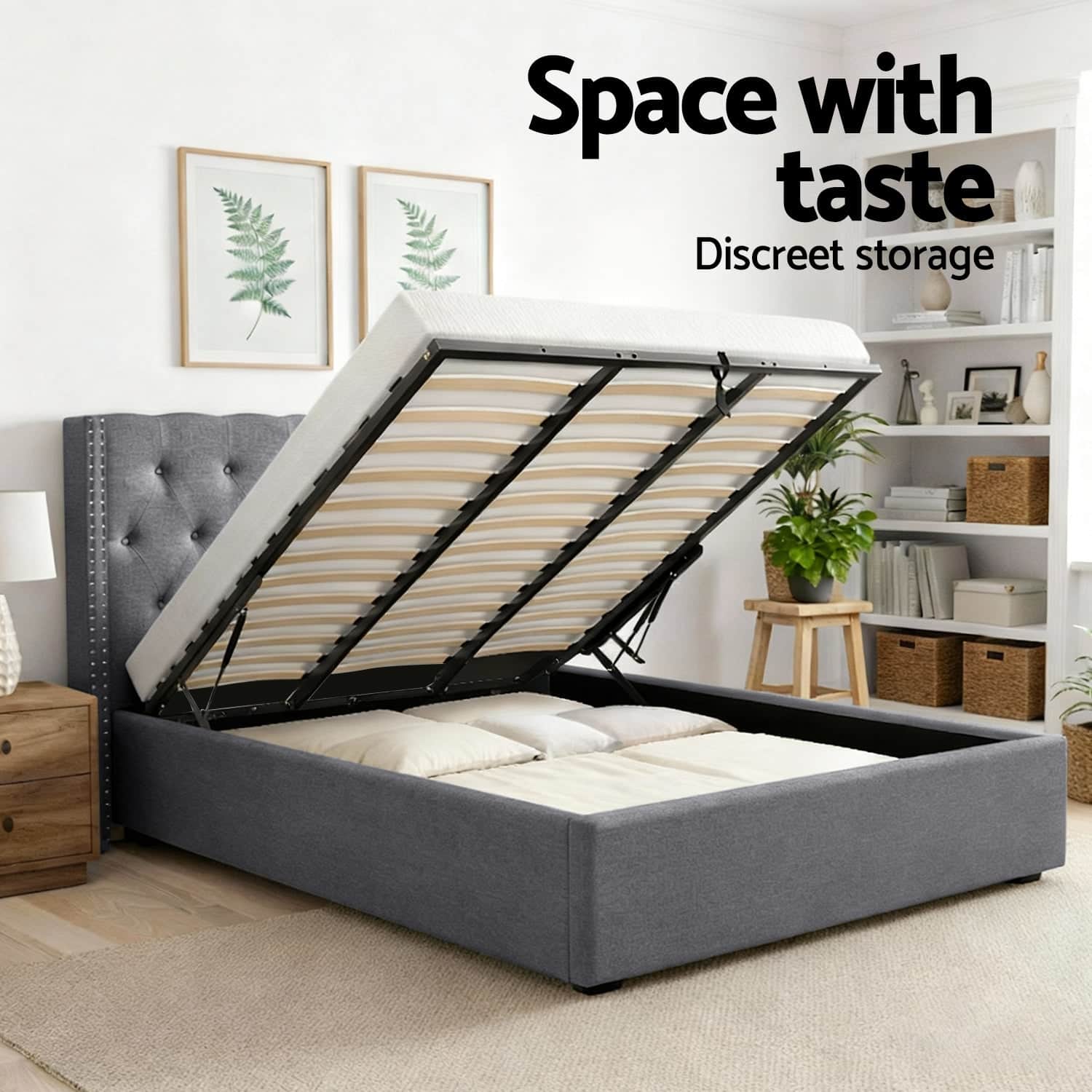 King Bed Frame Storage Tufted Headboard Gas Lift Base Grey Gas Lift