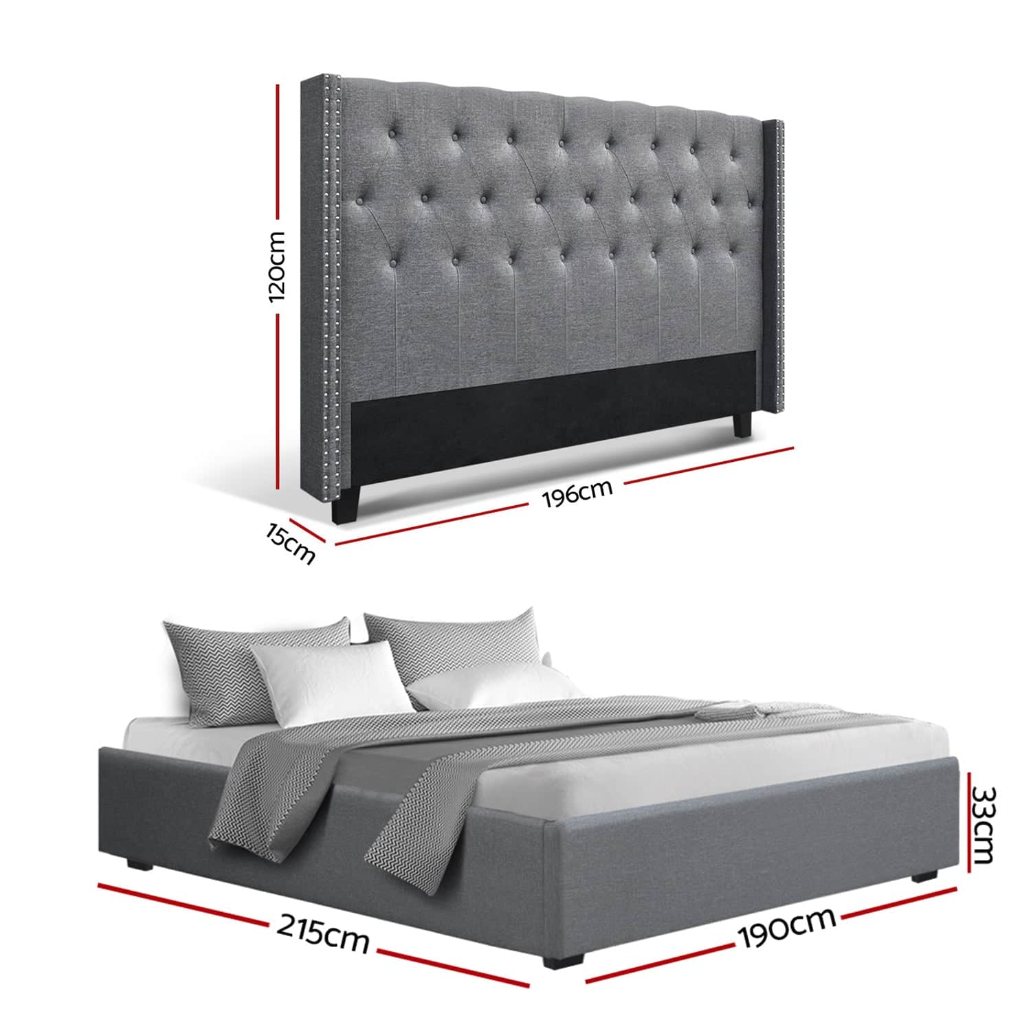 King Bed Frame Storage Tufted Headboard Gas Lift Base Grey Gas Lift