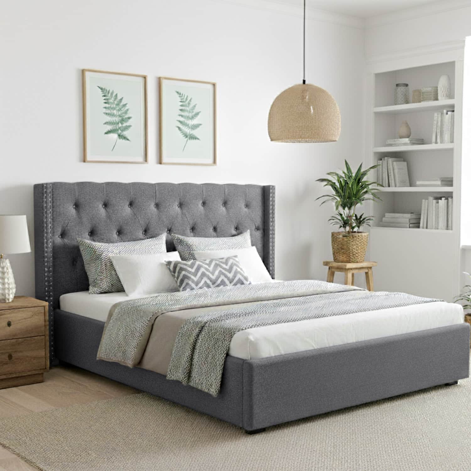 King Bed Frame Storage Tufted Headboard Gas Lift Base Grey Gas Lift