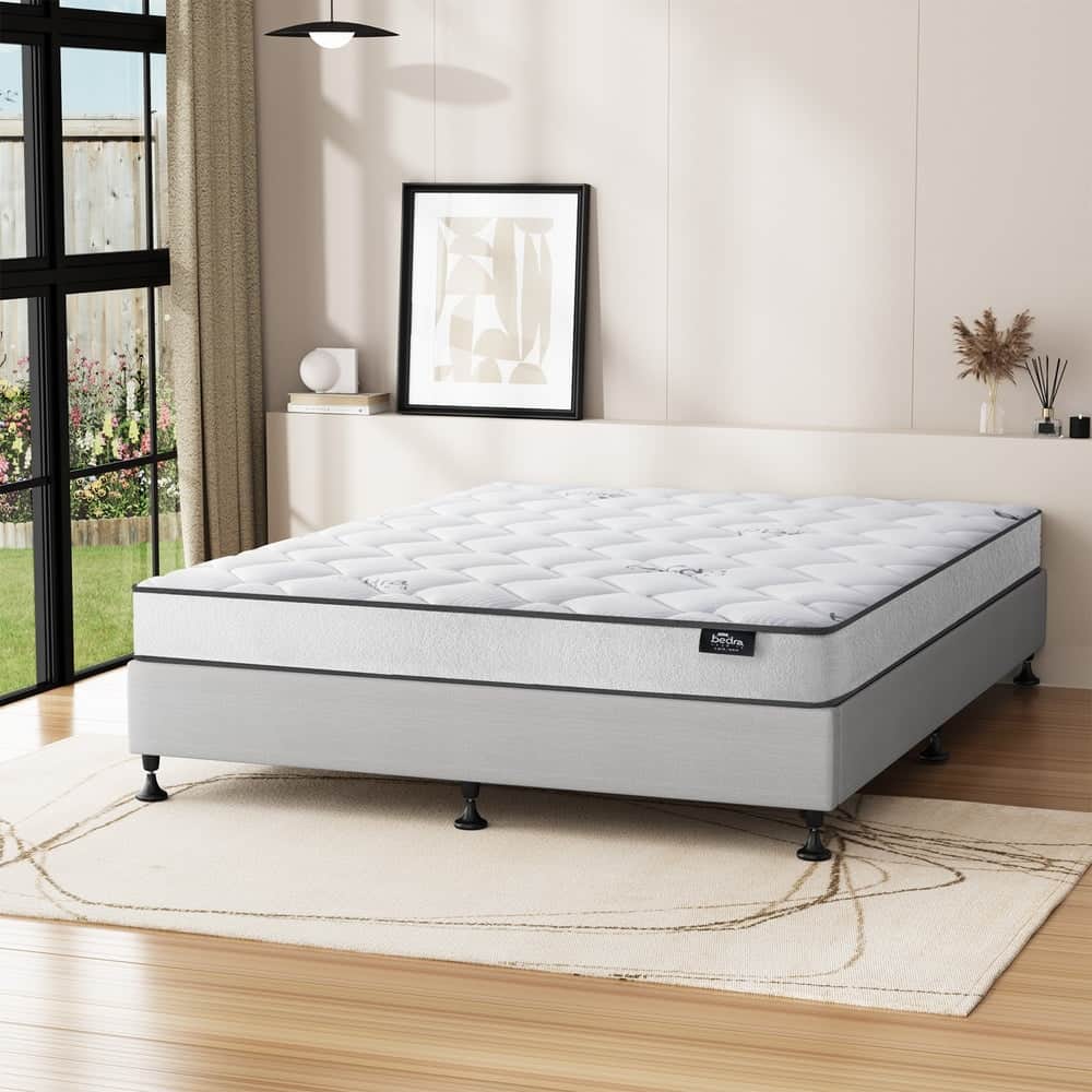 King Bed Frame Upholstered Platform with Bonnell Spring Mattress Beige