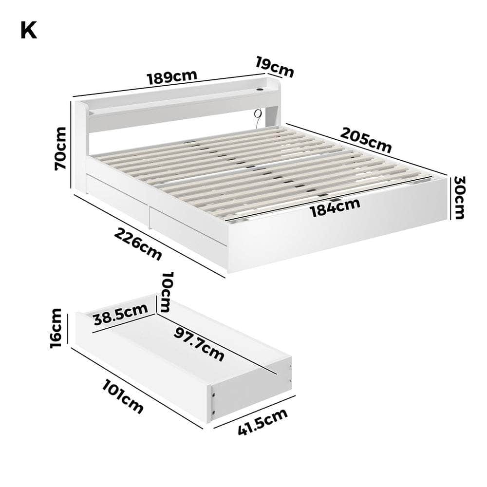 King Bed Frame with Charging Ports 2 Drawers Natural/White