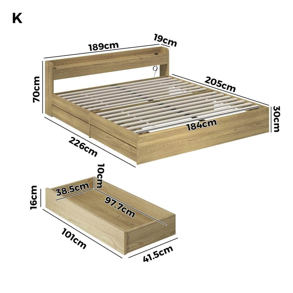 King Bed Frame with Charging Ports 2 Drawers Natural/White