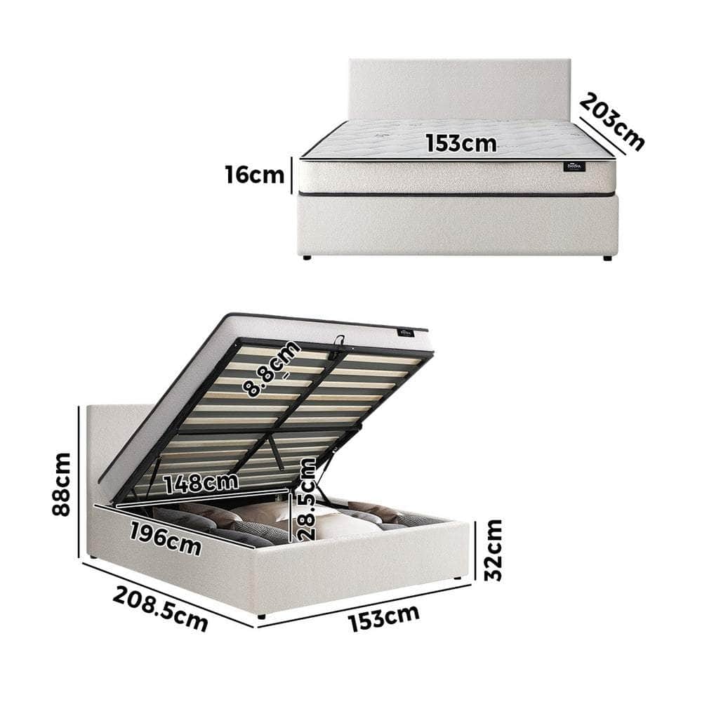 King & Double Size Boucle Bed Frame Gas Lift Storage with Mattress Set Upholstered