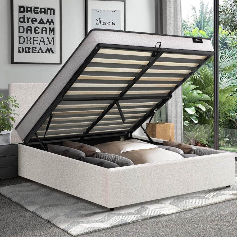 King & Double Size Boucle Bed Frame Gas Lift Storage with Mattress Set Upholstered
