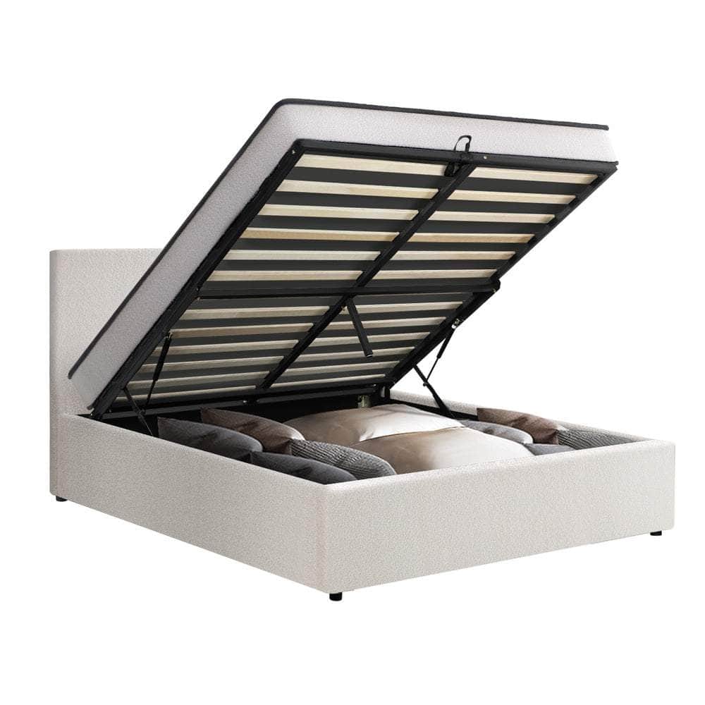 King & Double Size Boucle Bed Frame Gas Lift Storage with Mattress Set Upholstered
