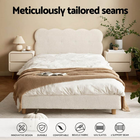 King Single Bed Frame Cloud Headboard Boucle Fabric Mattress