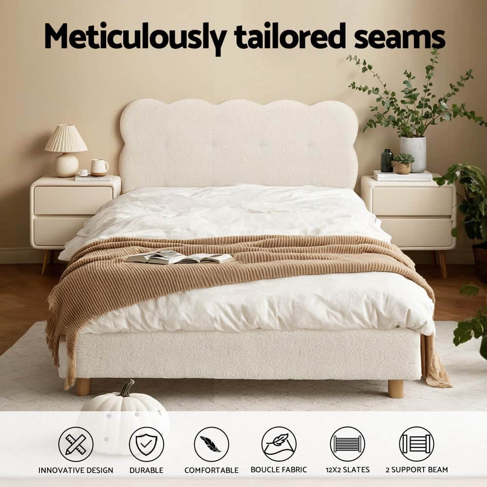 King Single Bed Frame Cloud Headboard Boucle Fabric Mattress