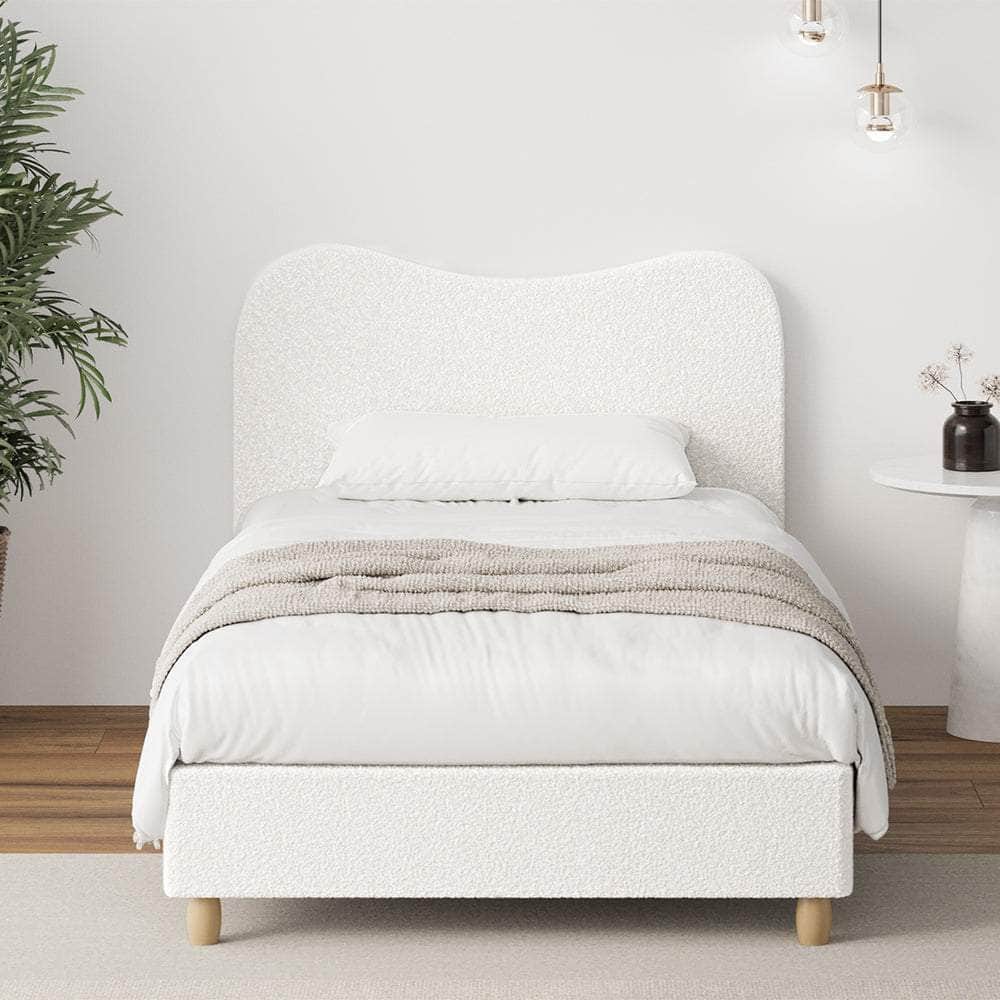 King Single Bed Frame White Boucle Upholstered Cloud Shape Headboard