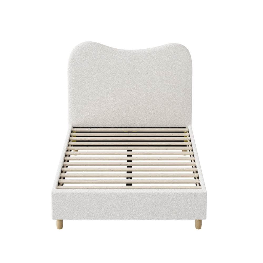 King Single Bed Frame White Boucle Upholstered Cloud Shape Headboard