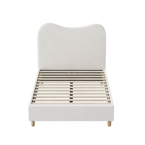 King Single Bed Frame White Boucle Upholstered Cloud Shape Headboard