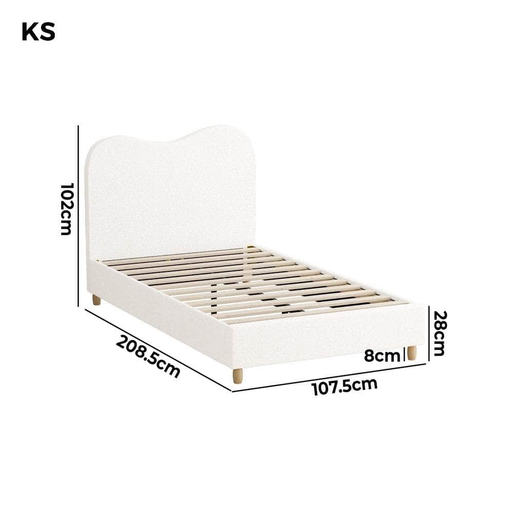 King Single Bed Frame White Boucle Upholstered Cloud Shape Headboard