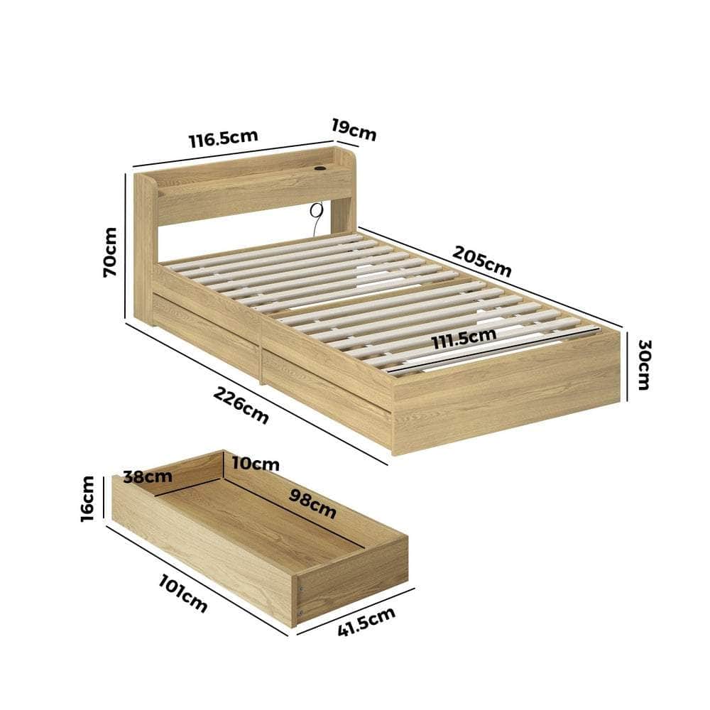 King Single Bed Frame with Charging Ports 2 Drawers