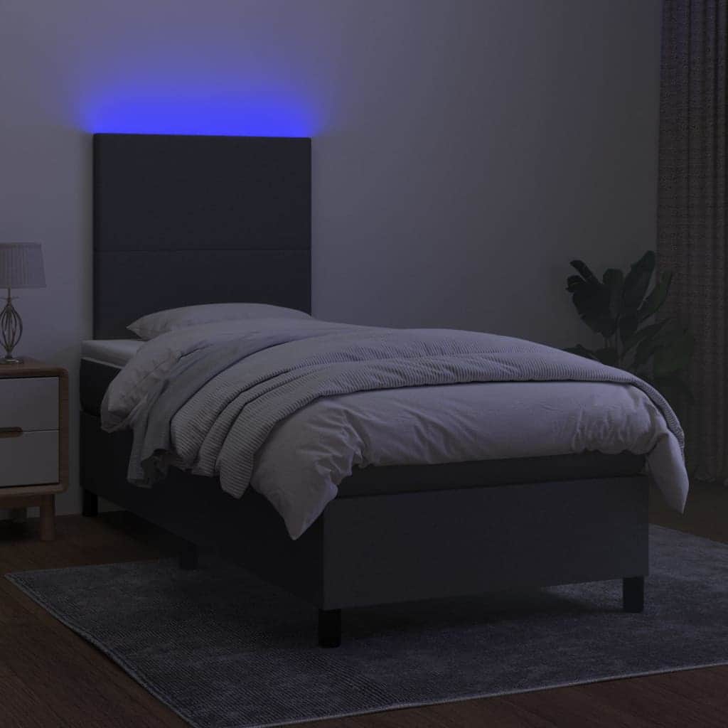 King Single Box Spring Bed with LED Fabric Mattress Dark Grey Pocket Spring