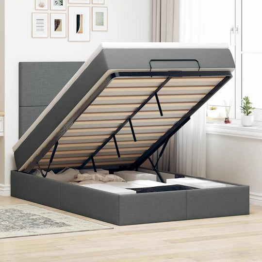 KS Dark Grey Ottoman Bed with Fabric Upholstery and LED