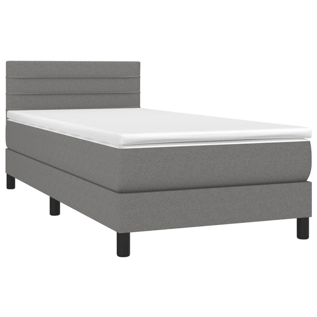 King Single Fabric Box Spring Bed Dark Grey with Soft Mattress and USB LED Strip