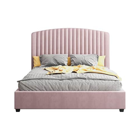 King Single Size Bed Frame Pink Velvet Upholstery High Headboard Quality Slats Metal Structure