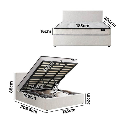 King Single Size Boucle Bed Frame Gas Lift Storage with Mattress Set Upholstered