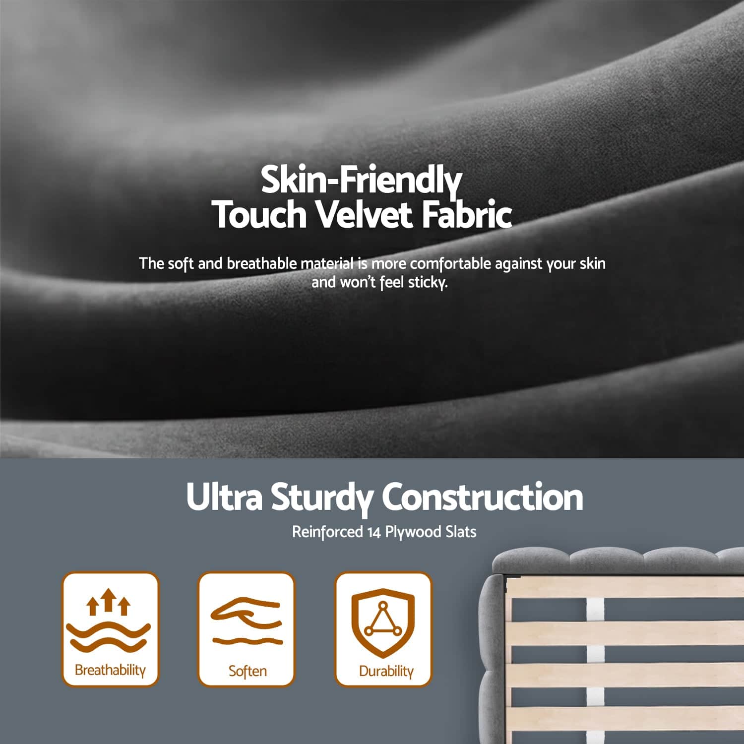 King Size Bed Frame Plush Soft Headboard Velvet Platform Base For