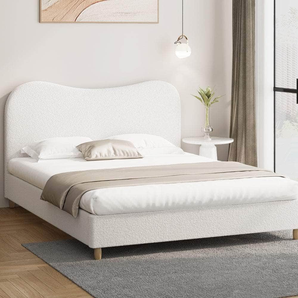 King Size Bed Frame White Boucle Cloud Shape Upholstered Bedroom Furniture