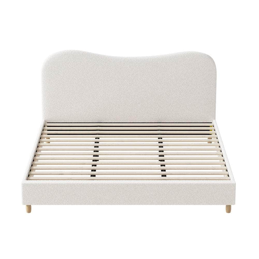 King Size Bed Frame White Boucle Cloud Shape Upholstered Bedroom Furniture