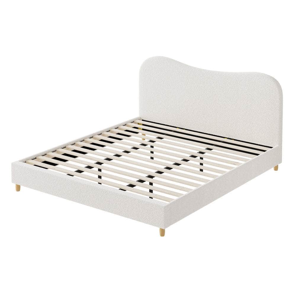 King Size Bed Frame White Boucle Cloud Shape Upholstered Bedroom Furniture