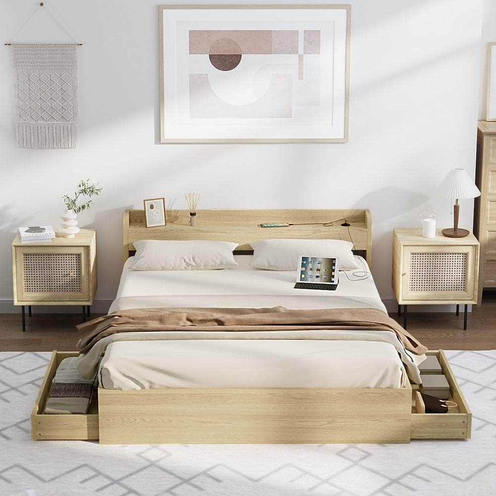 King size Bed Frame with Charging Ports 2 Drawers Natural