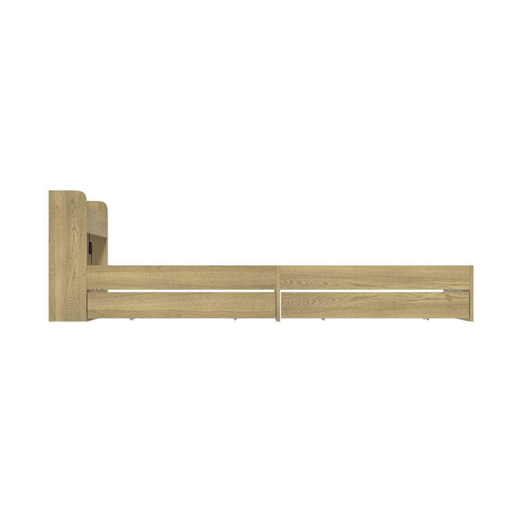 King size Bed Frame with Charging Ports 2 Drawers Natural
