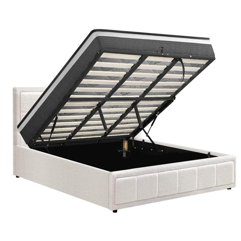 King Size Bed Frame with Gas Lift Mattress Set in White for Bedroom Use