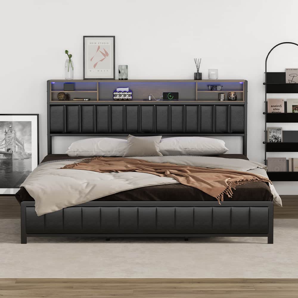 King Size LED Storage Bed Frame with USB Charging Headboard