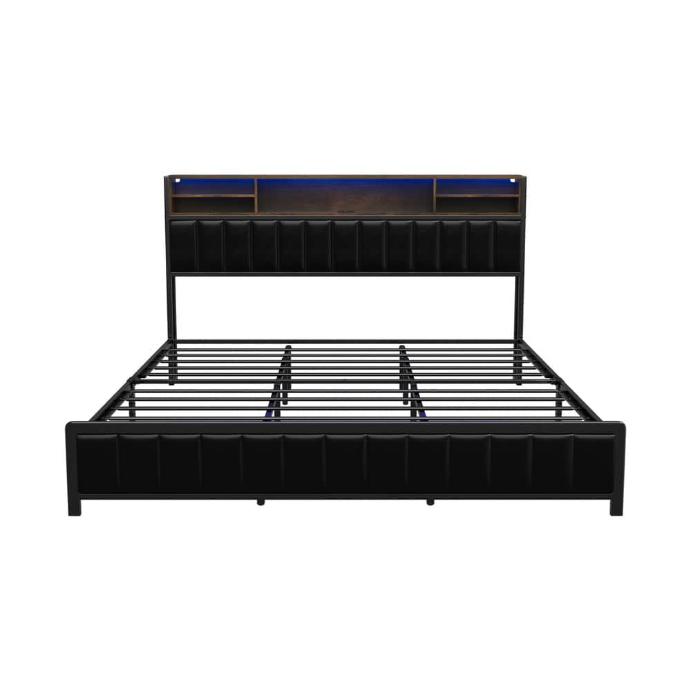 King Size LED Storage Bed Frame with USB Charging Headboard