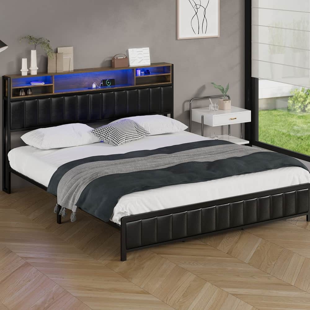 King Size LED Storage Bed Frame with USB Charging Headboard