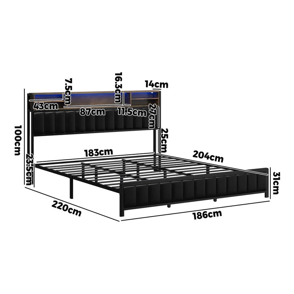 King Size LED Storage Bed Frame with USB Charging Headboard